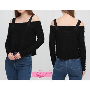 Zara Off-The-Shoulder Top With Straps Black Long Sleeve Travel Crinkled Blouse M